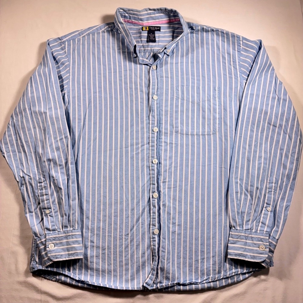 Duck Head Striped Button Down Shirt Womens XL Blue White Long Sleeve Pink Accent